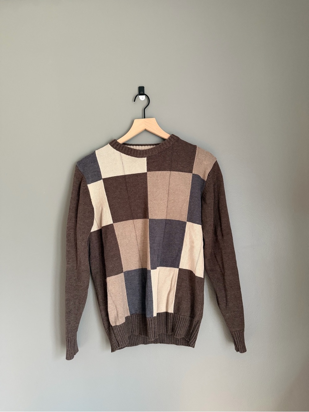 Oscar de la Renta Brown, Tan & Cream Checkerboard Crewneck Sweater